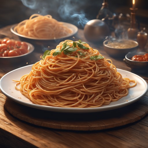 Auf dem Bild steht ein Teller mit Spaghetti auf einem Holztisch. Im Hintergrund erkennt man eine weitere Schüssel mit Nudeln, eine Schüssel mir Tomaten sowie Gewürzen. Von den Nudeln steigt Dampf auf, oben auf den Nudeln liegen Basilikumblätter.