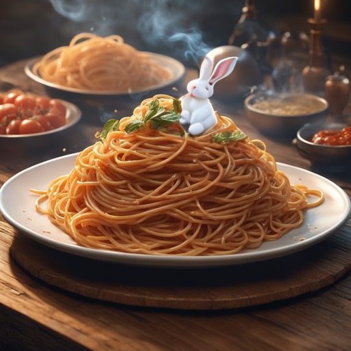 Auf dem Bild steht ein Teller mit Spaghetti auf einem Holztisch. Im Hintergrund erkennt man eine weitere Schüssel mit Nudeln, eine Schüssel mir Tomaten sowie Gewürzen. Von den Nudeln steigt Dampf auf, oben auf den Nudeln liegen Basilikumblätter. Im Basilikum sitzt außerdem ein kleiner weißer Cartoonhase.
