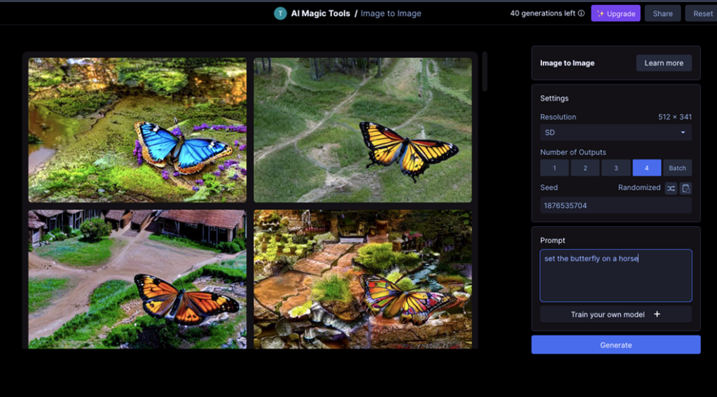 Screenshot von vier Generierungen mit jeweils einem Schmetterling vor verschiedenen Hintergründen. 