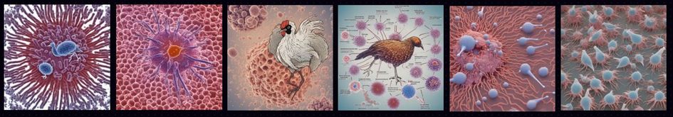 Sechs Bilder sind nebeneinander aufgereiht, alle generiert mit dem prompt "bird flu virus". In den meisten Bildern ist ein Virus abgebildet, wie man ihn unter dem Mikroskop sehen kann. In manchen Bilder ist der Viruskern in Vogelform abgebildet, in den beiden mittleren Bildern sind Zeichnungen von Hühnern neben den Mikroben eingefügt.