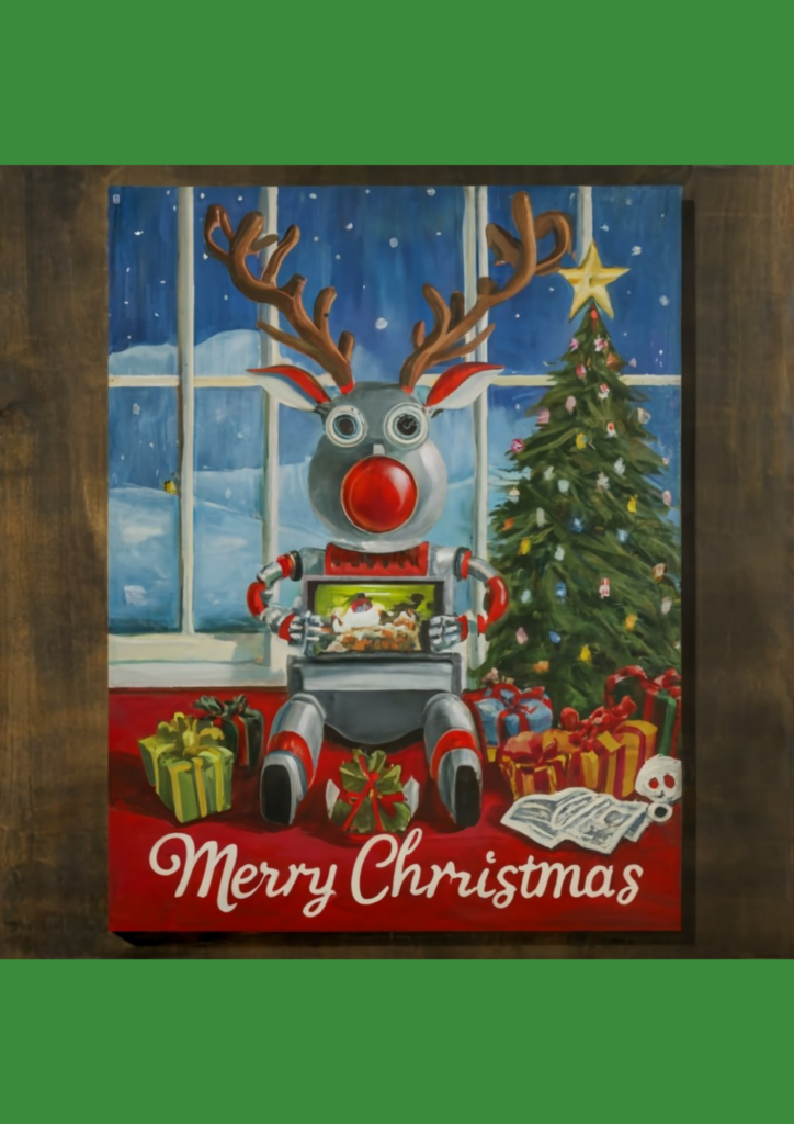 Weihnachtskarte, generiert mit Ideogram.AI. Roboter-Reh sitzt neben einem Weihnachtsbaum. Darunter steht "Merry Christmas"