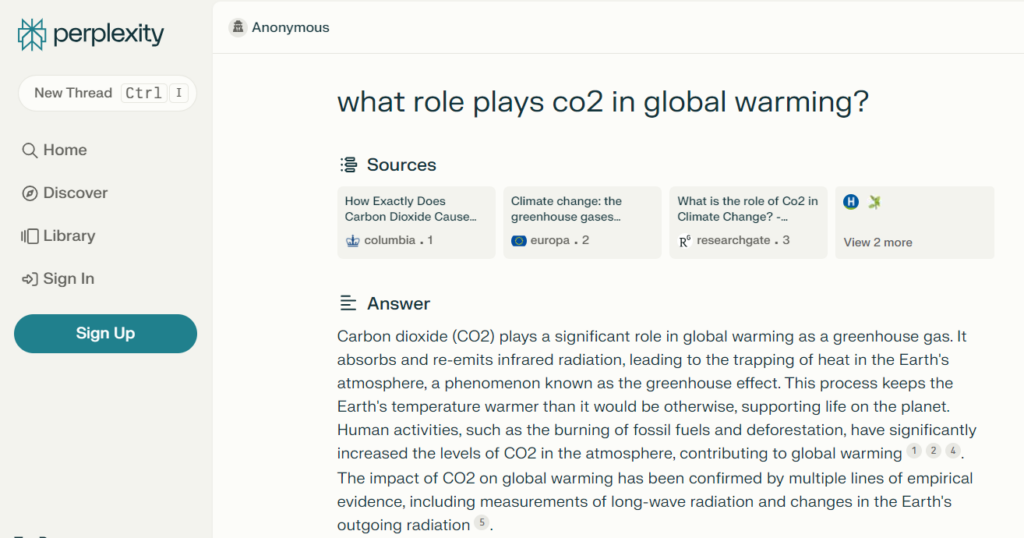 Standard view of a Perplexity AI search At the top is the question: "What role does "co" play in global warming?" Below this are four sources in individual text blocks. The answer is summarized in a longer text below.