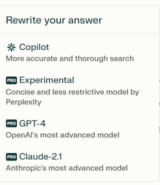 The image shows the options for reformulating the answer using the copilot or three alternative AIs (Experimental, GPT-4, Claude-2.1)