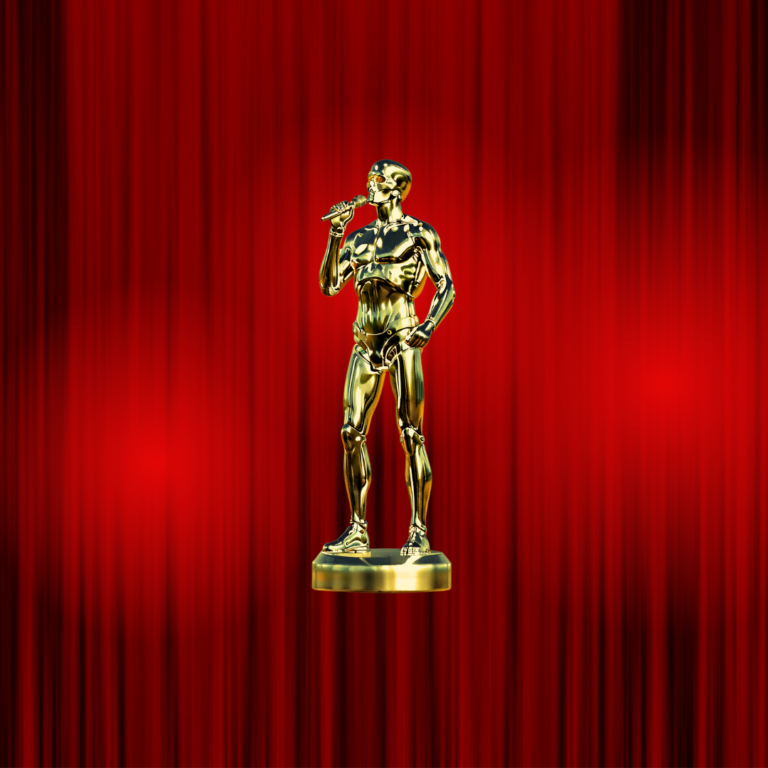 Vor einem roten Theatervorhand ist eine goldene Oscar-ähnliche Figur mit einem Mikrofon in der Hand, die aussieht wie der Terminator.