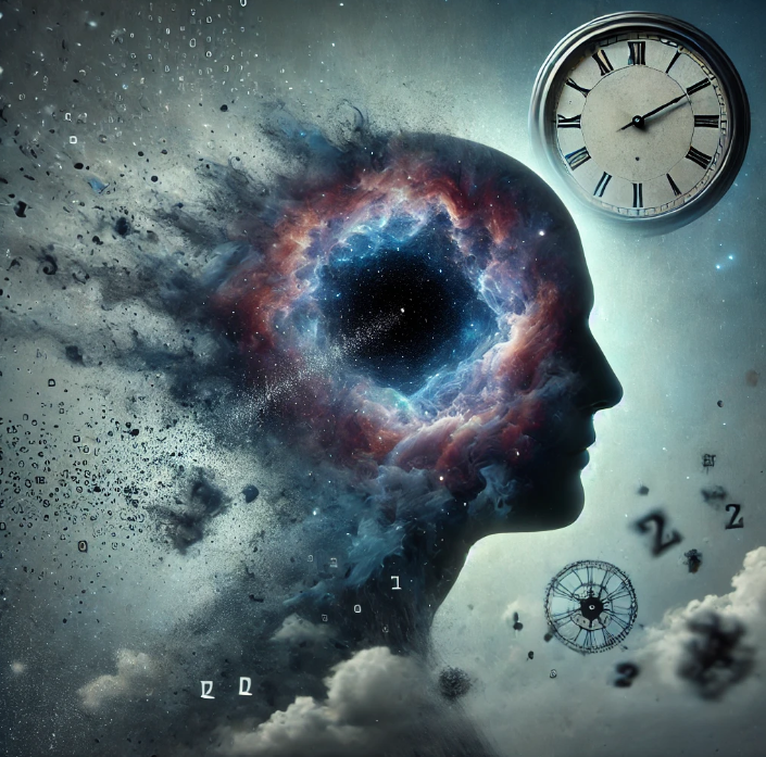 A surreal and abstract digital artwork depicting the concept of 'cognitive vacuum state.' The image features a human silhouette or head with an empty, floating space where the brain should be—represented as a dark abyss, a swirling nebula, or an interstellar void. Around the figure, distorted clocks, dissolving letters, and fragmented memories float, symbolizing the absence of thoughts or orientation. The color scheme is moody with cool blues and purples, accented by soft light reflections to create a mysterious atmosphere. A subtle blur or motion effect enhances the sense of mental emptiness and instability.