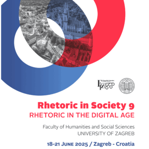 Grafik in blau-rot auf weißem Grund mit Bild von Zagreb, darunter der Text "Rhetoric in Society 9 - RHETORIC IN THE DIGITAL AGE. Faculty of Humanities and Social Sciences, University of Zagreb. 18-21 June 2025 / Zagreb - Croatia"