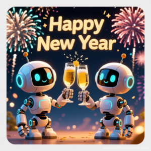 Zwei kleine Roboter stoßen mit Sektgläsern an. Im Hintergrund Feuerwerk und der Schriftzug Happy New Year