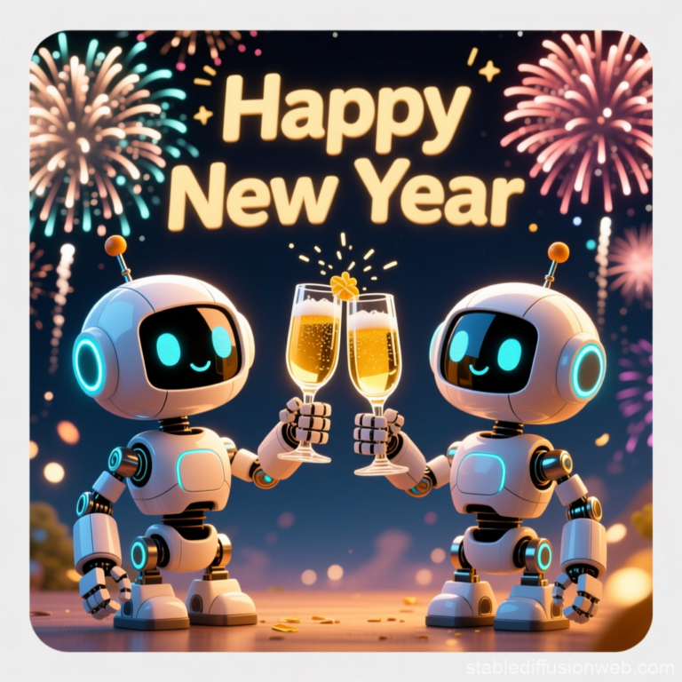 Zwei kleine Roboter stoßen mit Sektgläsern an. Im Hintergrund Feuerwerk und der Schriftzug Happy New Year