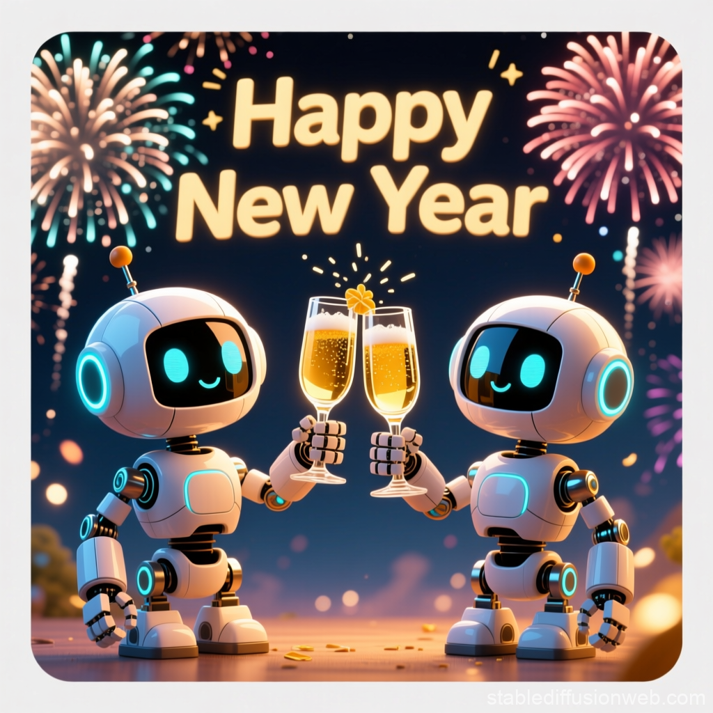 Zwei kleine Roboter stoßen mit Sektgläsern an. Im Hintergrund Feuerwerk und der Schriftzug Happy New Year