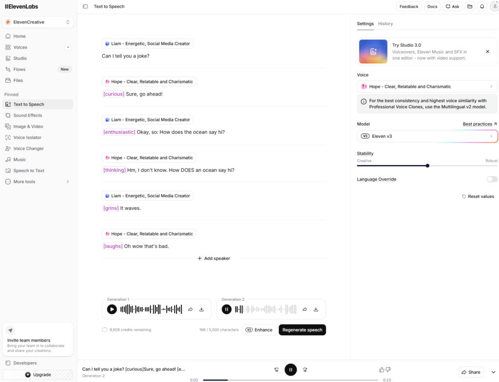Screenshot der Text-to-Speech-Funktion des AI-Tools ElevenLabs in der Anwendung