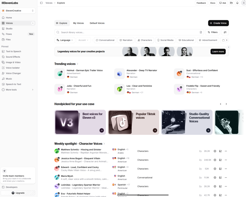 Screenshot der Voice Library des AI-Tools ElevenLabs in der Anwendung