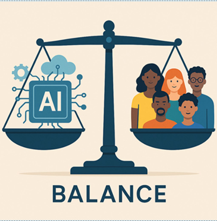 AI und Menschen auf einer Waage symbolisieren Gerechtigkeit